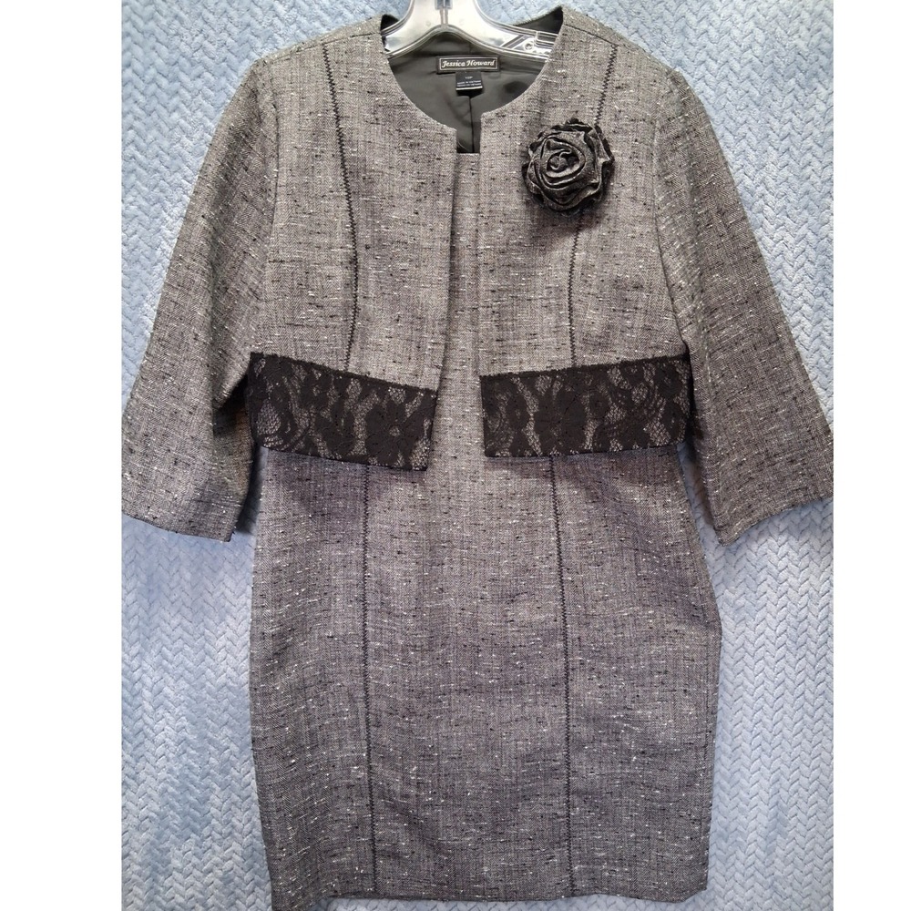 Jessica Howard Grey Tweed Dress Suit Set Lace Trim Rosette 10P Petite Career